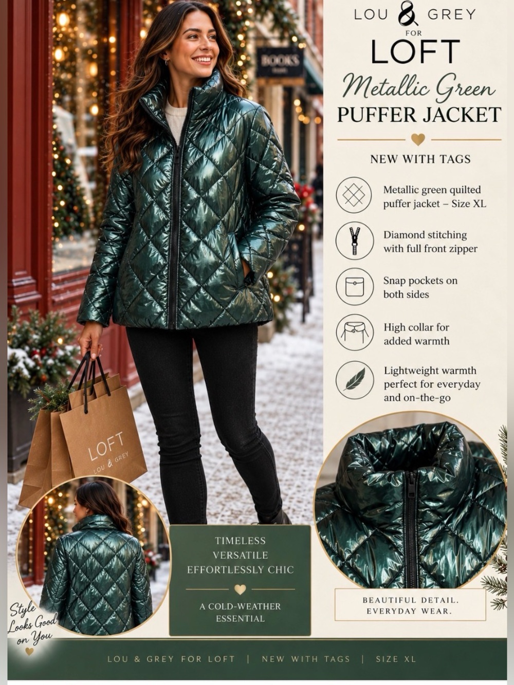Ann Taylor LOFT/Lou & Grey Quilted Puffer Jacket - Metallic Green Size XL NWT
